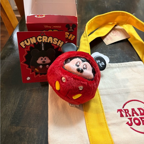 Trader Joe's Yellow and Cream Tote Bag with Miniso Mickey bag Charm - Picture 5 of 6